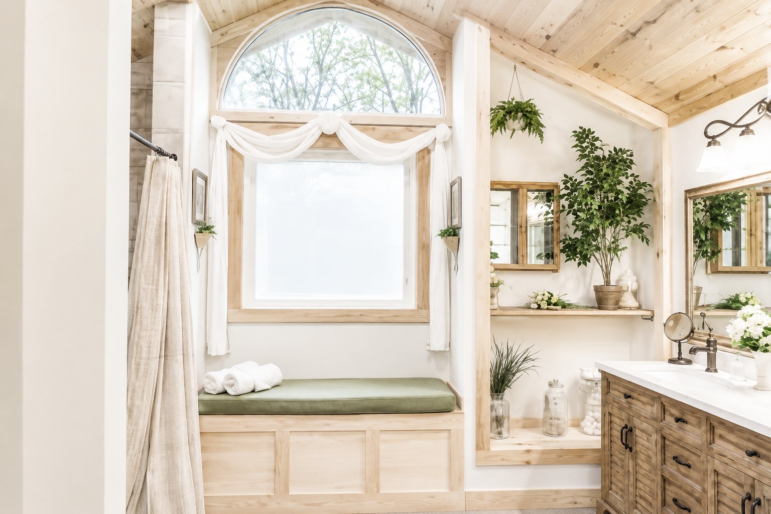 Villa Serena master bathroom with arched window and wood ceiling
