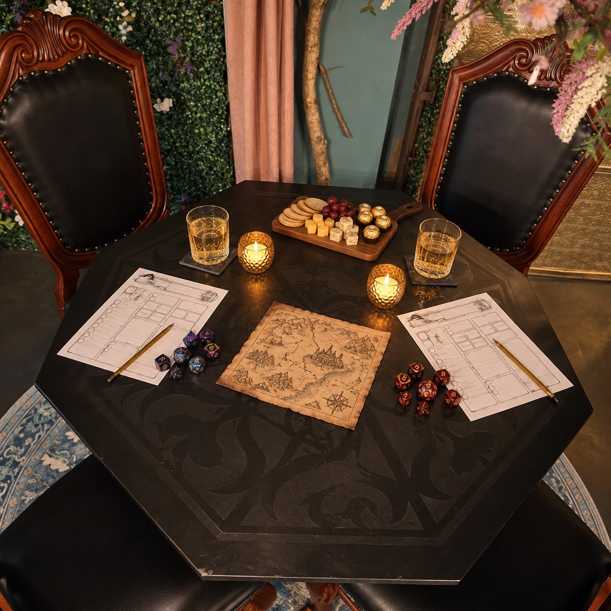 Couples D&D date-night setup on Villa Serena’s etched table in the hidden room