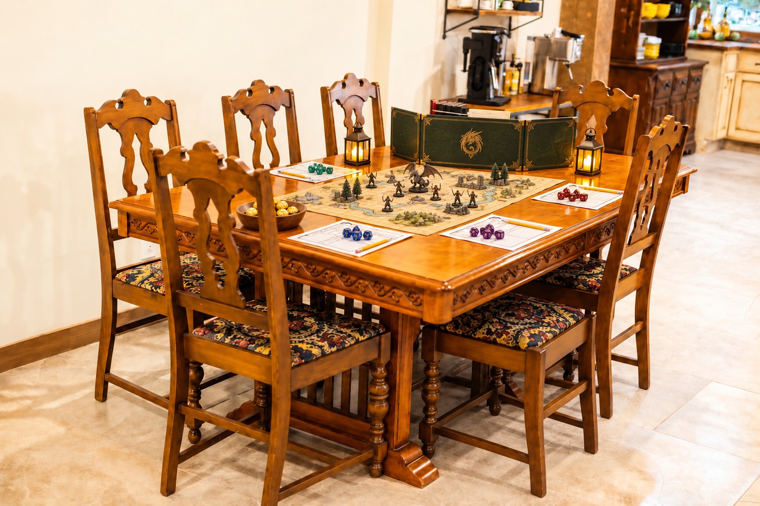 Villa Serena Guild Hall table styled with D&D maps, dice, character sheets and miniatures