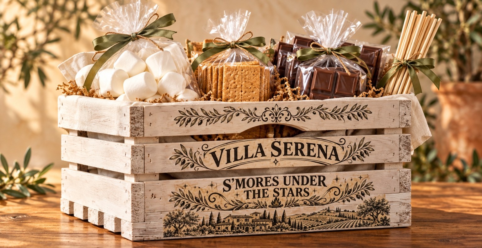 Villa Serena S’mores Under the Stars crate with marshmallows, graham crackers, chocolate and roasting sticks